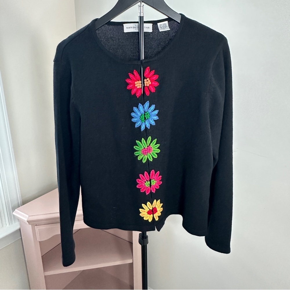 Marisa Christina Black Floral Embroidered Crewneck Sweater LARGE